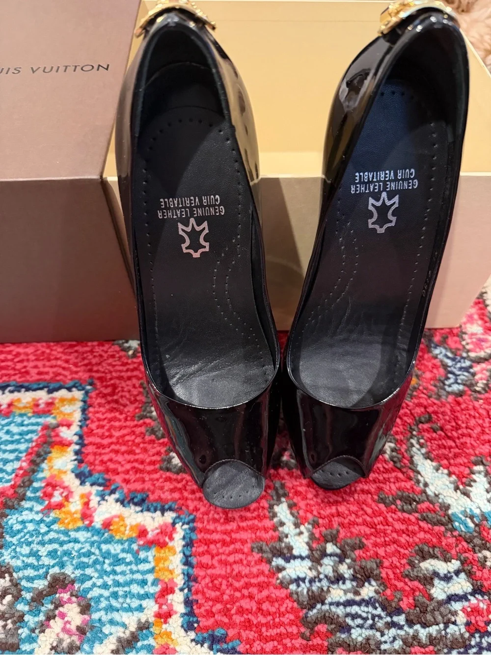 Louis Vuitton Black Patent Peep open Toe Pumps with Gold Accent